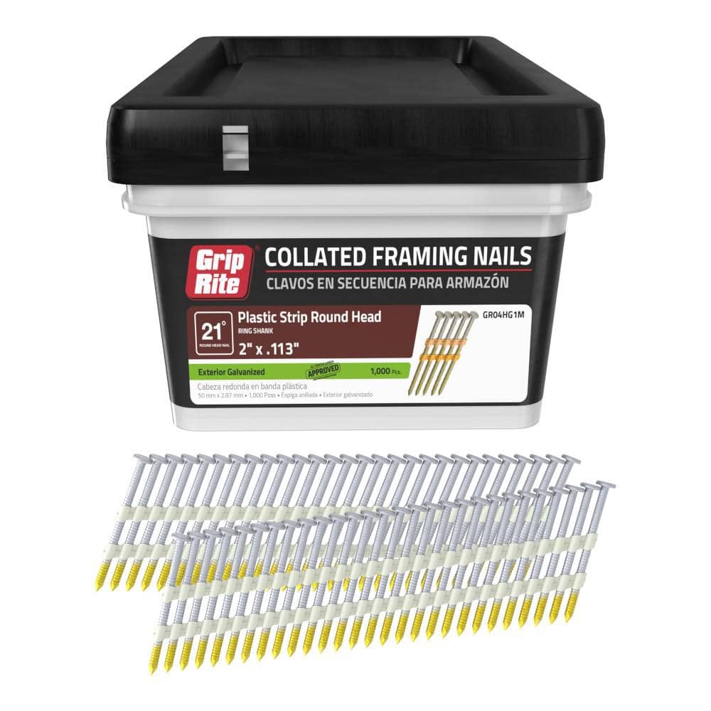 Grip-Rite . 0.113 in. 21° Plastic Collated Exterior Galvanized Ring Shank Round Head Framing Nails per Box