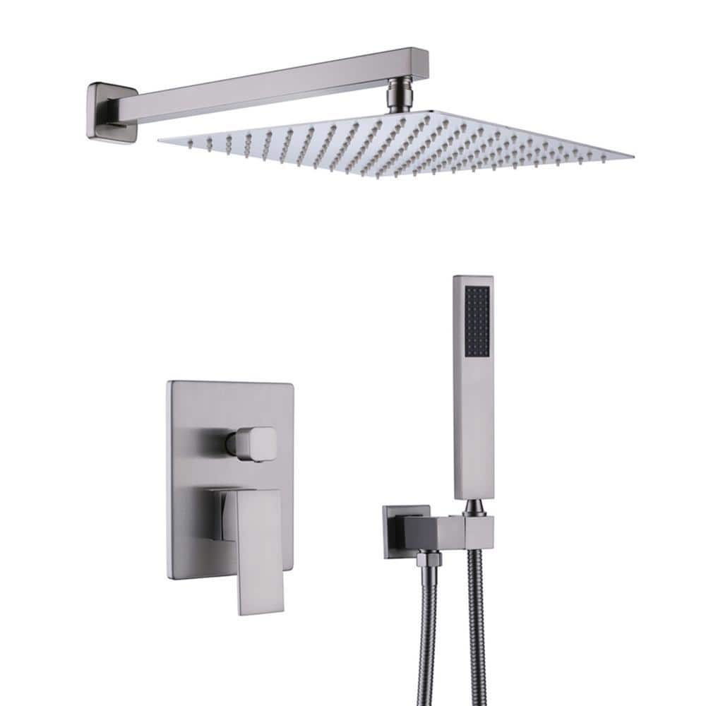 GIVING TREE Single Handle 2-Spray 12 in. Square High Pressure Shower Faucet with Hand Shower in Brushed Nickel (Valve Included)