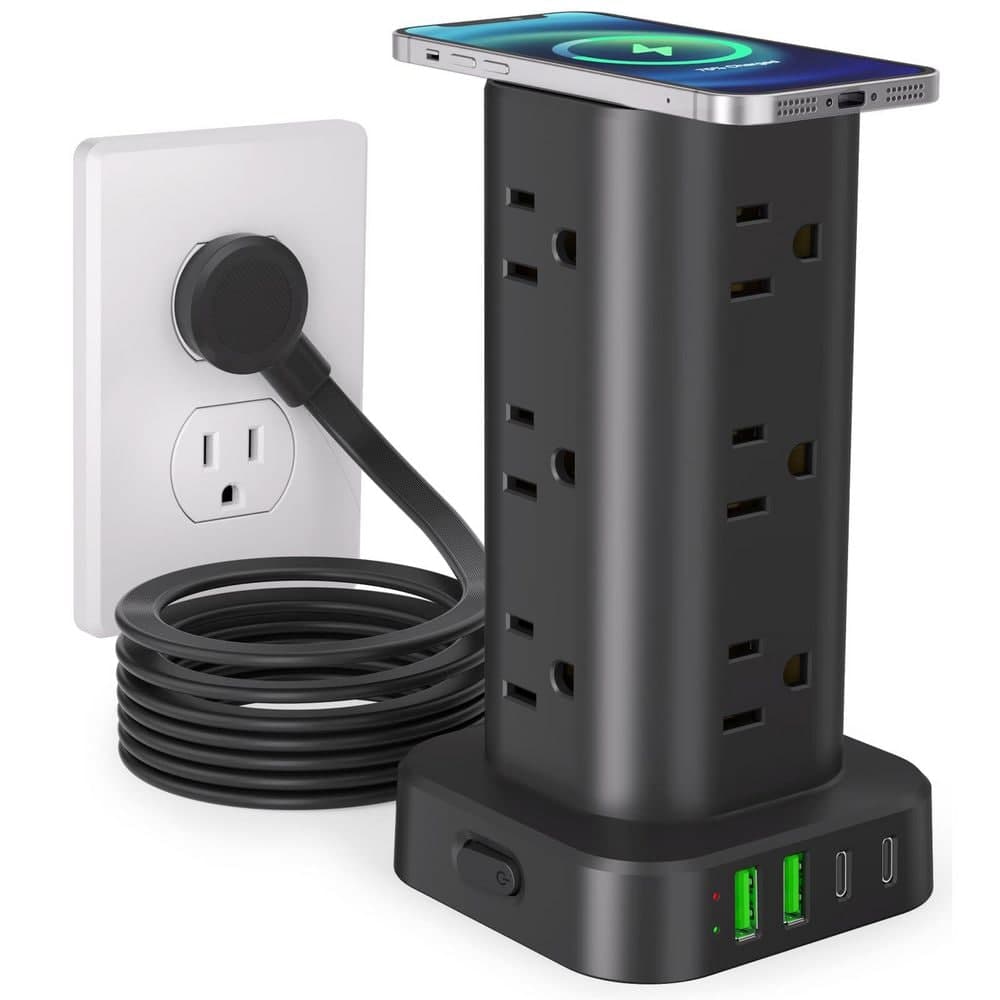 BeamBox 10 ft. Black Surge Protector Power Tower with USB Ports and Night Light, 12-Outlet Extension for Home Office Dorm Room (1)