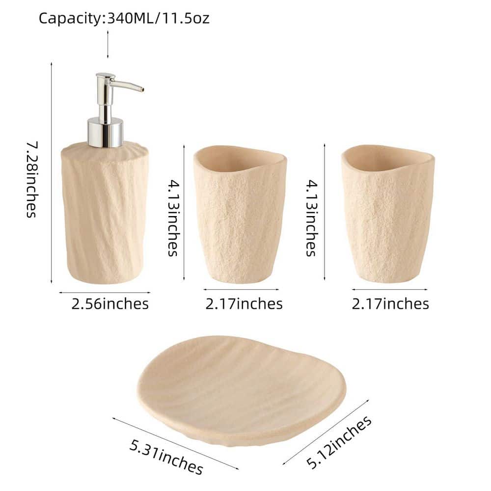 Wudkey 4-Piece Modern Stone Look Bath Accessory Set with Soap Dispenser, Toothbrush Holder, Tumbler and Soap Dish in Yellow (2)