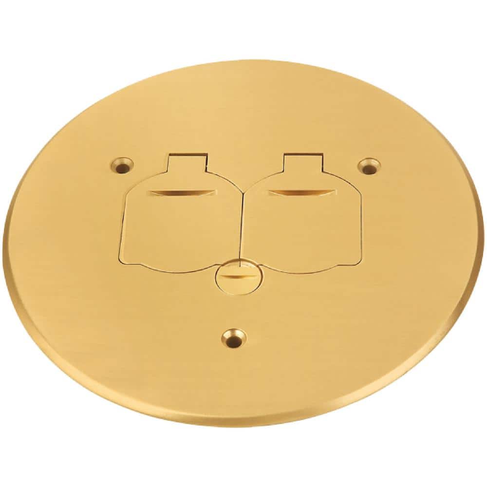 NEWHOUSE ELECTRIC Low-Profile Round Floor Box Outlet Cover with 15A TR Duplex Receptacle and 2 Lift Lids, Brass (1)