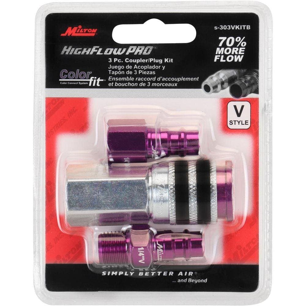 Milton ColorFit Coupler and Plug Kit, with Rubber Safety Bumper-(V-Style, Purple)-1/4 in. NPT, (3-Piece) High Flow Pro (2)