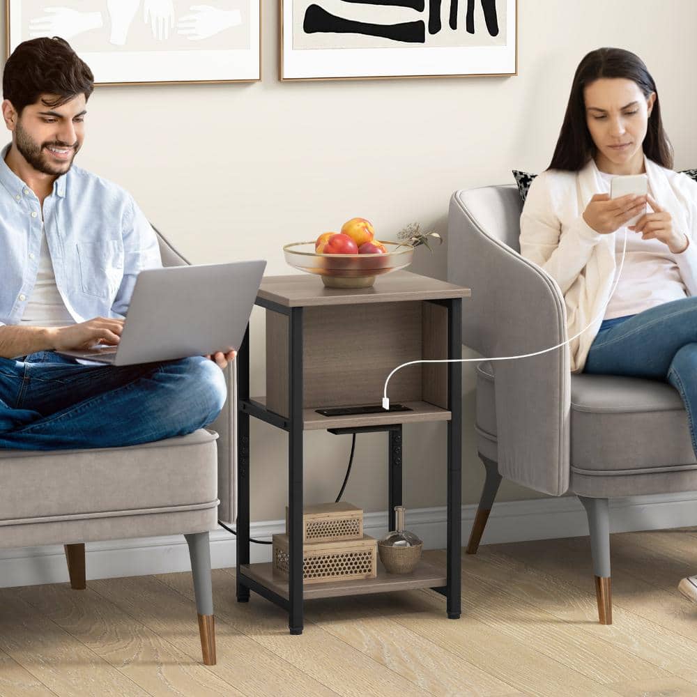 Volenca 3-Tier End Table with Power Outlets and USB Ports, Charging Side Table with Shelves (3)