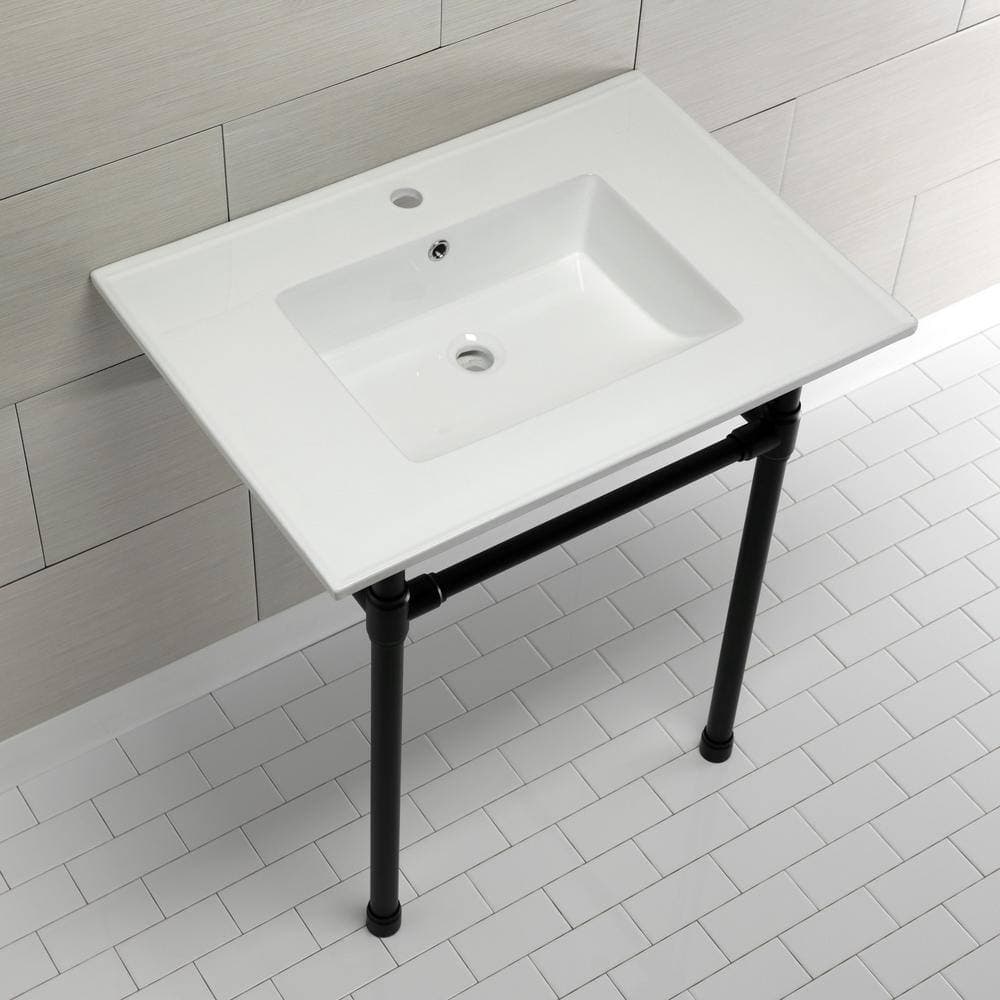 Kingston Brass Dreyfuss Ceramic White Console Sink Basin and Leg Combo in Matte Black (3)