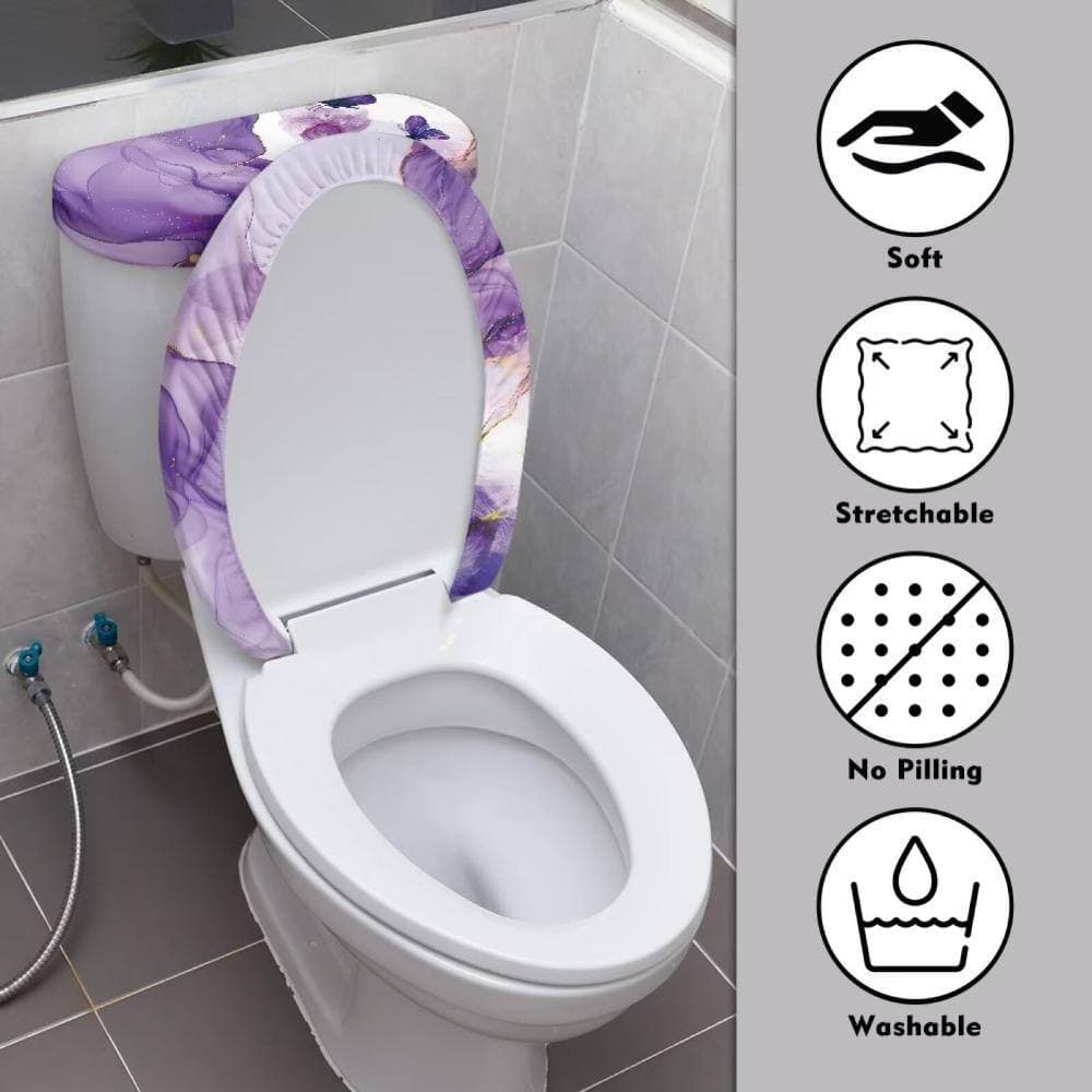 Unbranded Purple Marble Butterfly Toilet Tank Cover 2-Piece Stretchy Polyester Fits Most Toilet Lids in Purple (3)