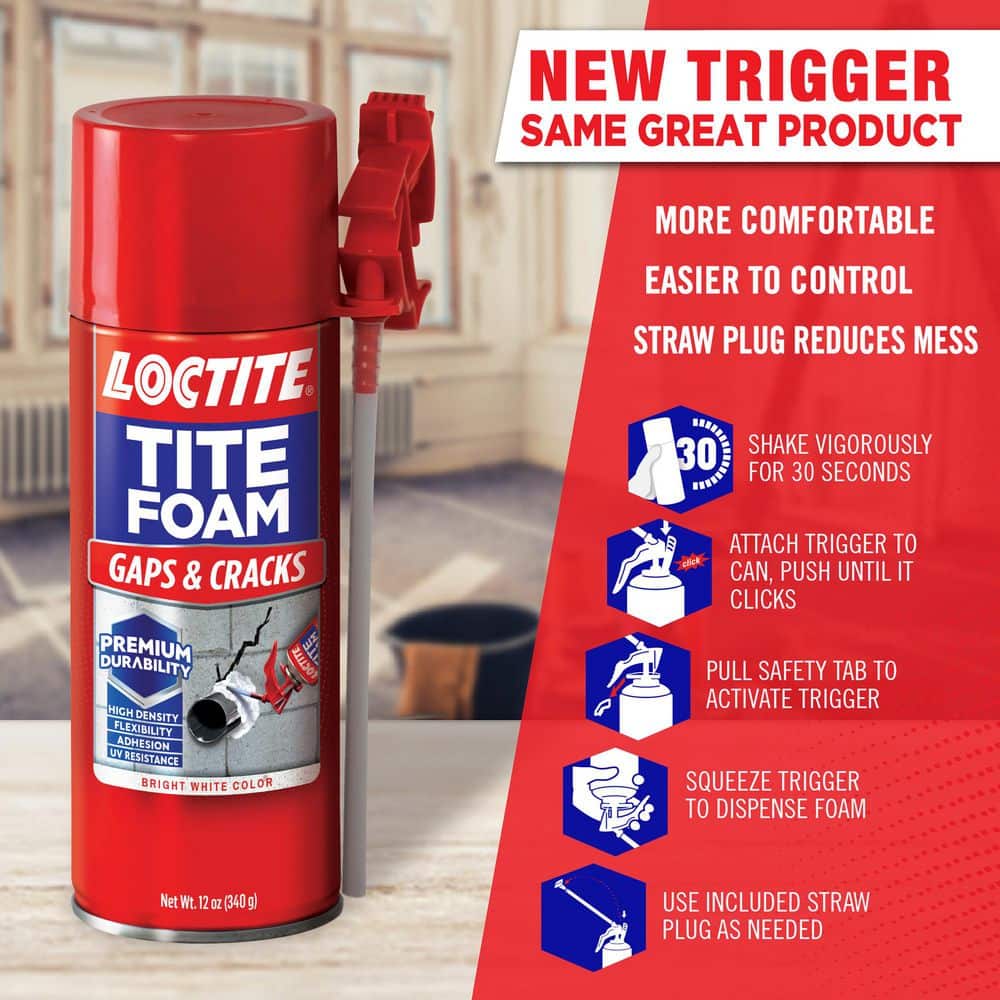 Loctite TITE FOAM Gaps and Cracks Spray Foam, Bright White, 12 oz. Can, Insulating Spray Foam Sealant (4)