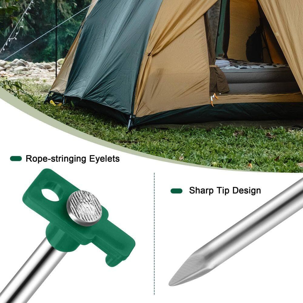 NVNOO 24-Pack 10.25 in. Metal Tent Stakes with 12-Pack 10 ft. Ropes and Storage Bag forGarden Canopies Camping, Green (2)