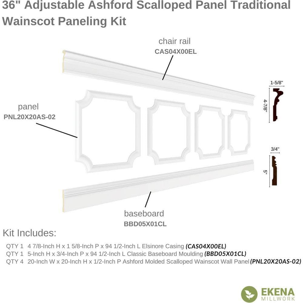 Ekena Millwork 94 1/2 in. (Adjustable 36 in. to 40 in.) 23 sq. ft. Polyurethane Ashford Scalloped Panel Wainscot Kit Primed (2)