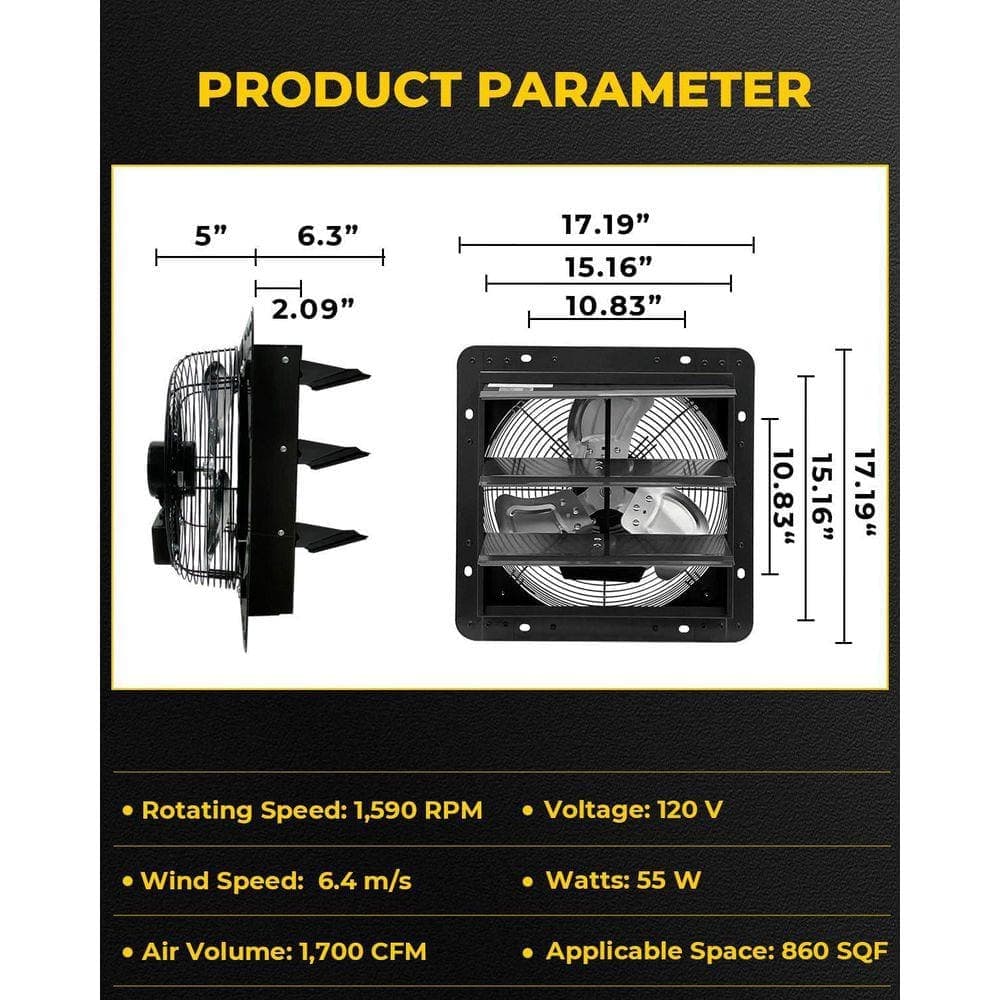 KIWDZFU 14 in. Shutter Exhaust Fan Wall Mounted Aluminum Blades with Power Cord Kit 1950 CFM for Garage Greenhouse Attic Black (3)