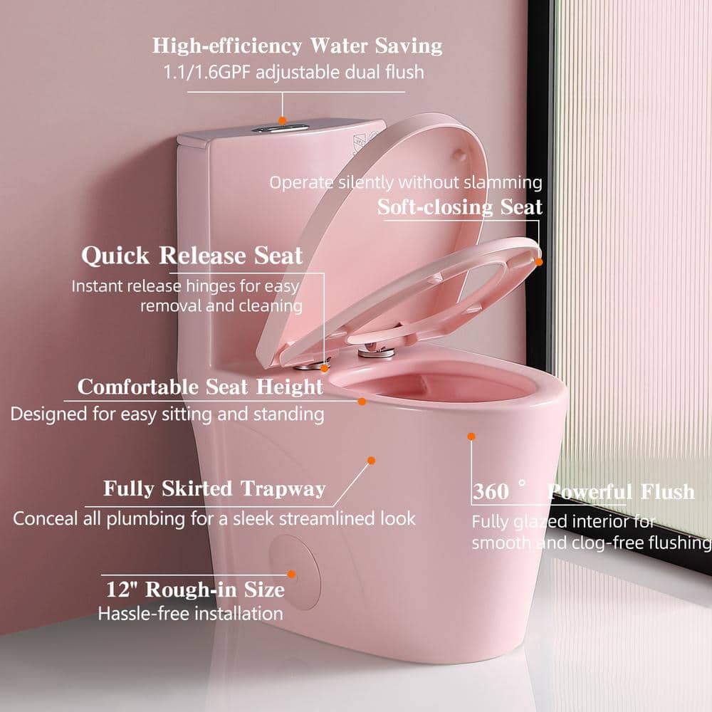 Abruzzo 15 5/8 in. 1-piece 1.1/1.6 GPF Dual Flush Elongated ADA Comfort Height Toilet in Rose Pink Seat Included (3)