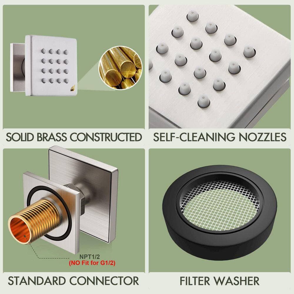 Helhom 4-Pack Brass Square 1/2 in. NPT Thread Shower Body Spray Jets in Brushed Nickel, Wall Mount Spa Massage Shower Nozzles (3)