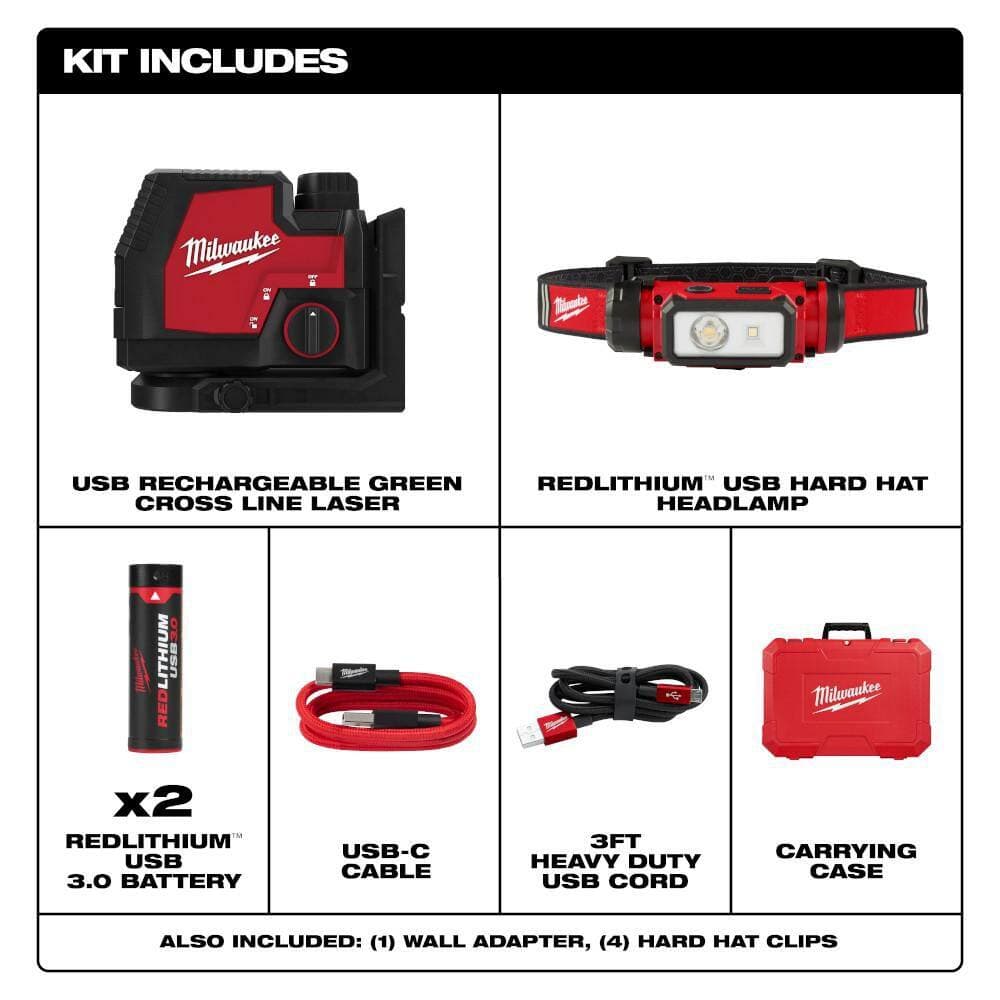 Milwaukee Green 100 ft. Cross Line Rechargable Laser Level with REDLITHIUM USB Battery, Charger, and 600 Lumen LED Headlamp (2)