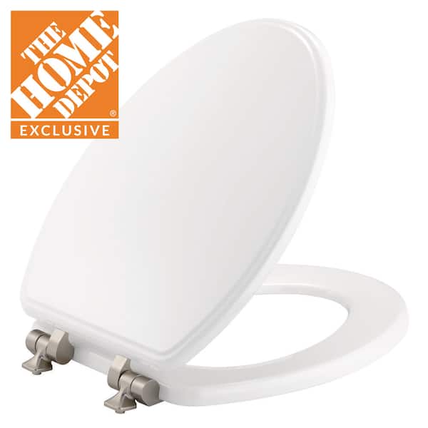 BEMIS Weston Elongated Soft Close Enameled Wood Never Loosens Brushed Nickel Metal Hinge Toilet Seat in White