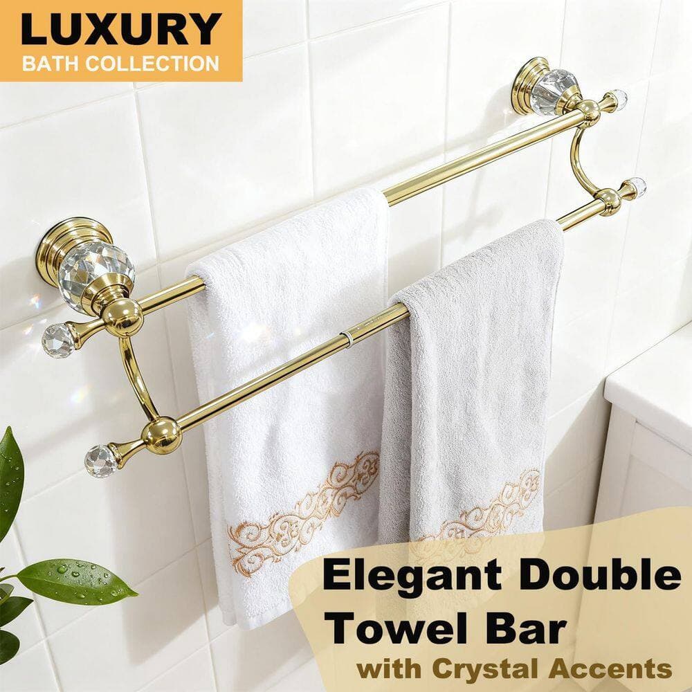 Unbranded Adjustable Double Towel Bar 18 to 30 in. Gold Stainless Steel Wall-Mounted Bath Towel Rack with Crystal (2)