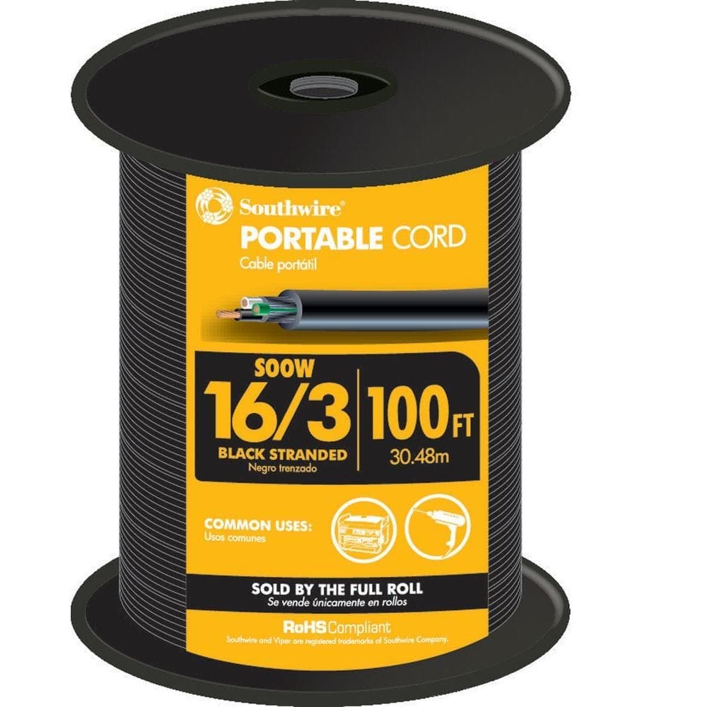 Southwire 100 ft. 16/3 600-Volt CU Black Flexible Portable Power SOOW Cord