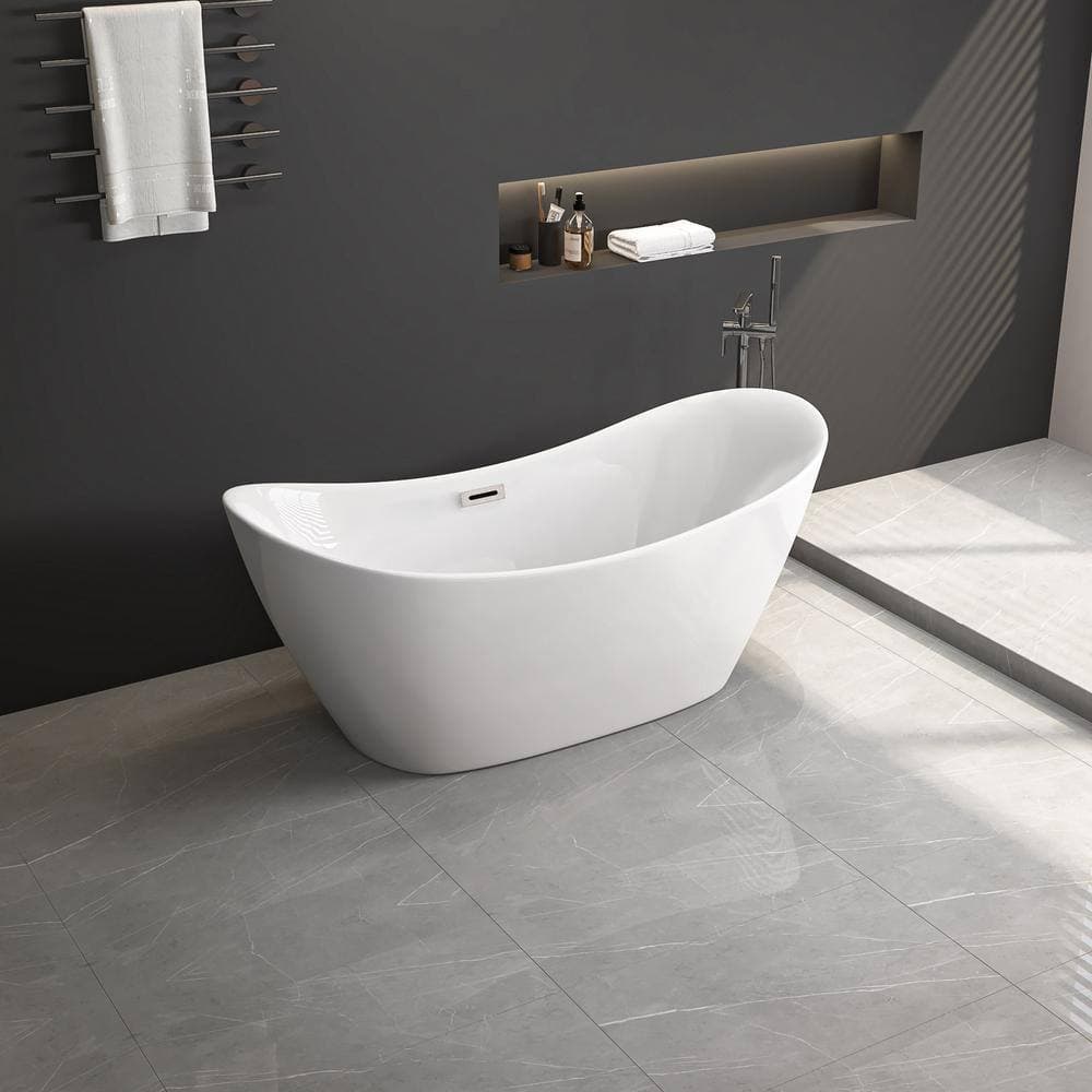 EAKYHOM 67 in. Freestanding Flatbottom Double-Slipper Soaking Bathtub in White Including Chrome Overflow and Pop-Up Drain (2)