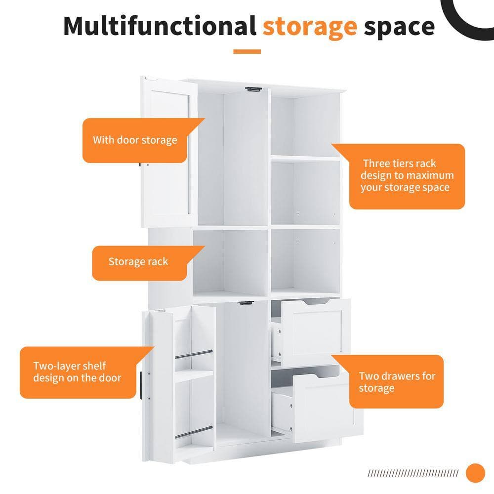 Unbranded 31 in. W x 16 in. D x 62 in. H White MDF Freestanding Bathroom Linen Cabinet with Open Shelve and Multiple Storage Space (3)
