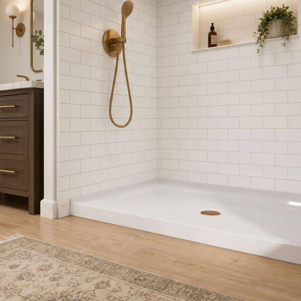 WELLFOR 48 in. L x 32 in. W x 3.4 in. H Alcove Rectangular Acrylic Anti-Slip Shower Pan Base with Center Drain in White (3)