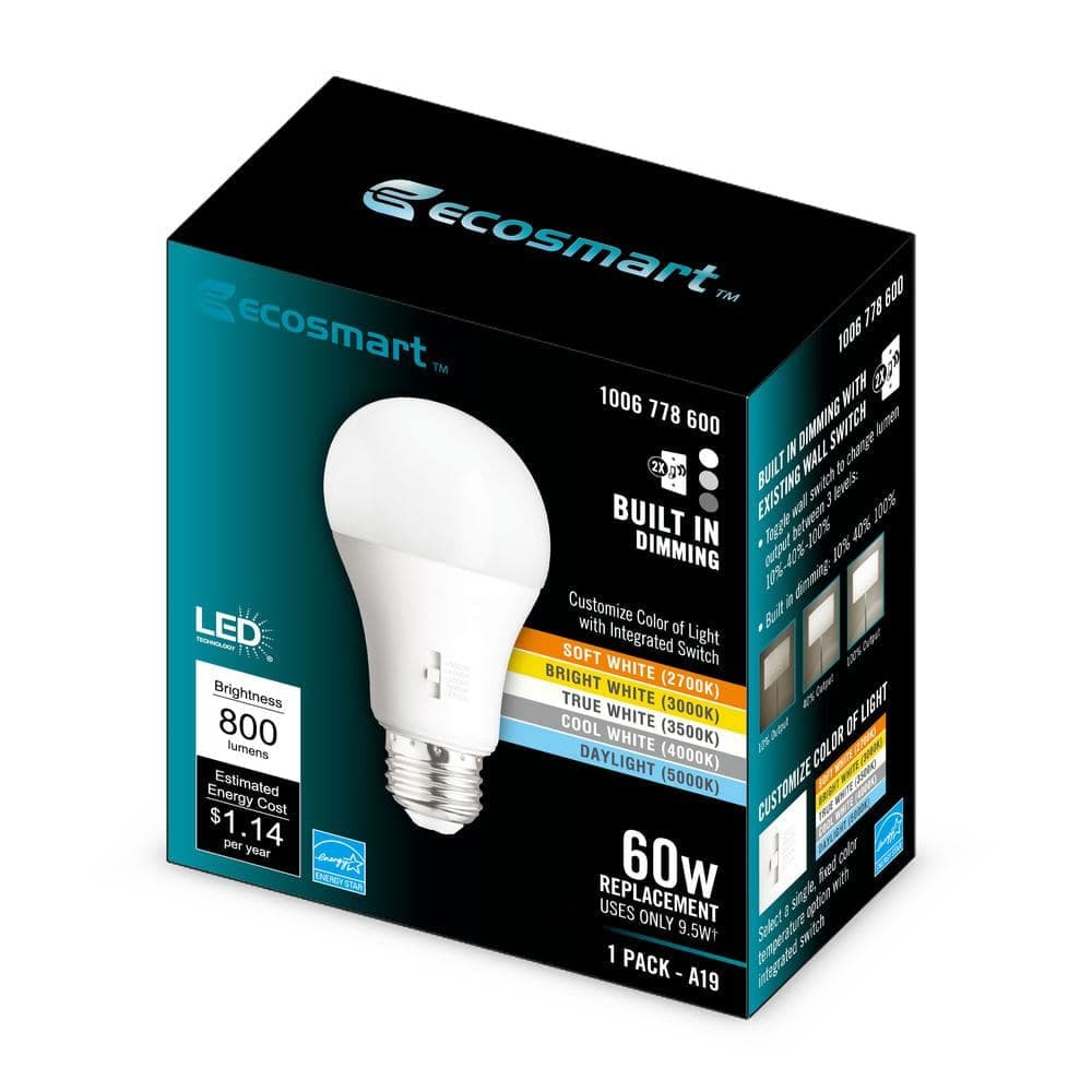 EcoSmart 60-Watt Equivalent A19 E26 Base CEC Built in Dimming LED Light Bulb with Selectable Color Temperature (1-Pack) (4)
