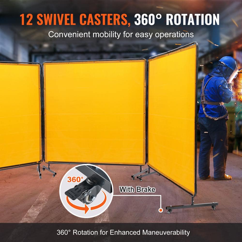 VEVOR Welding Screen 6 ft. x 6 ft. 3-Panel Welding Curtain Flame Retardant with Frame and Wheels Adjustable Size, Yellow (3)