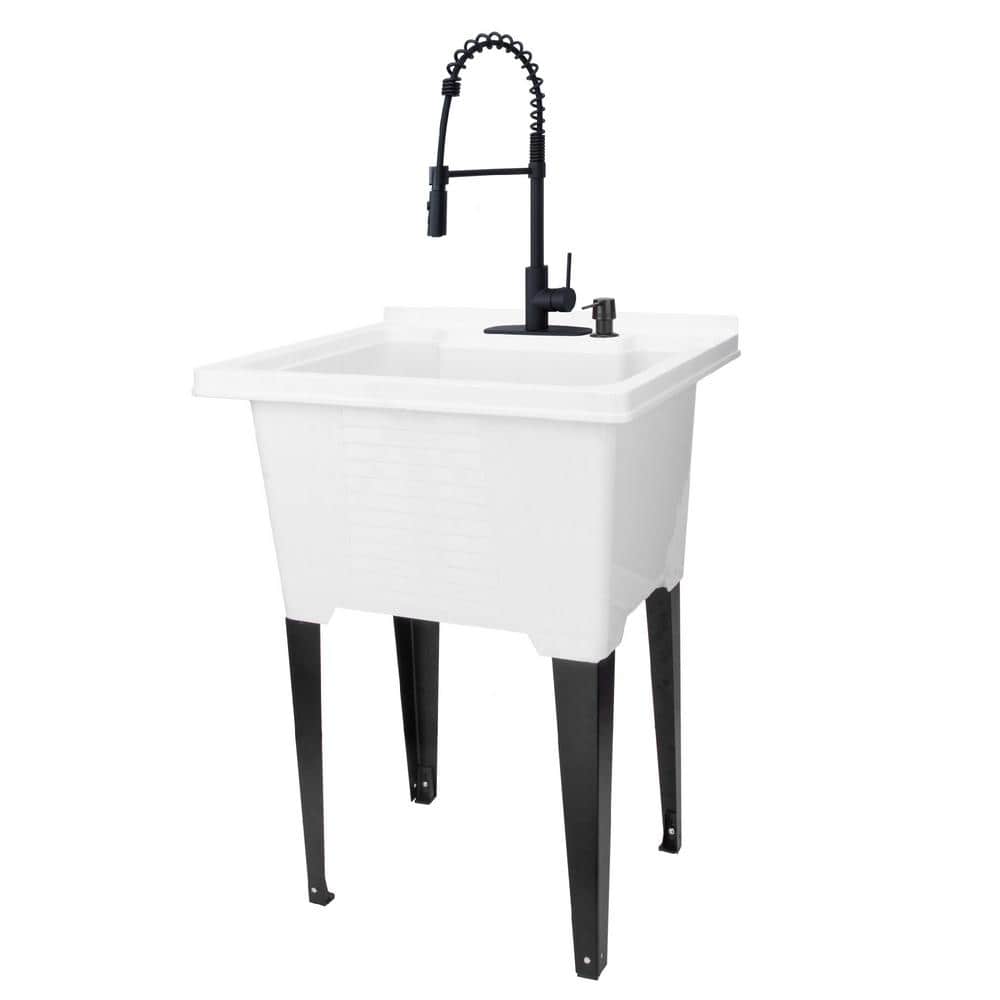 TEHILA 25 in. x 21.5 in. ABS Plastic Freestanding Utility Sink in White - Black Hi-Arc Coil Faucet, Soap Dispenser