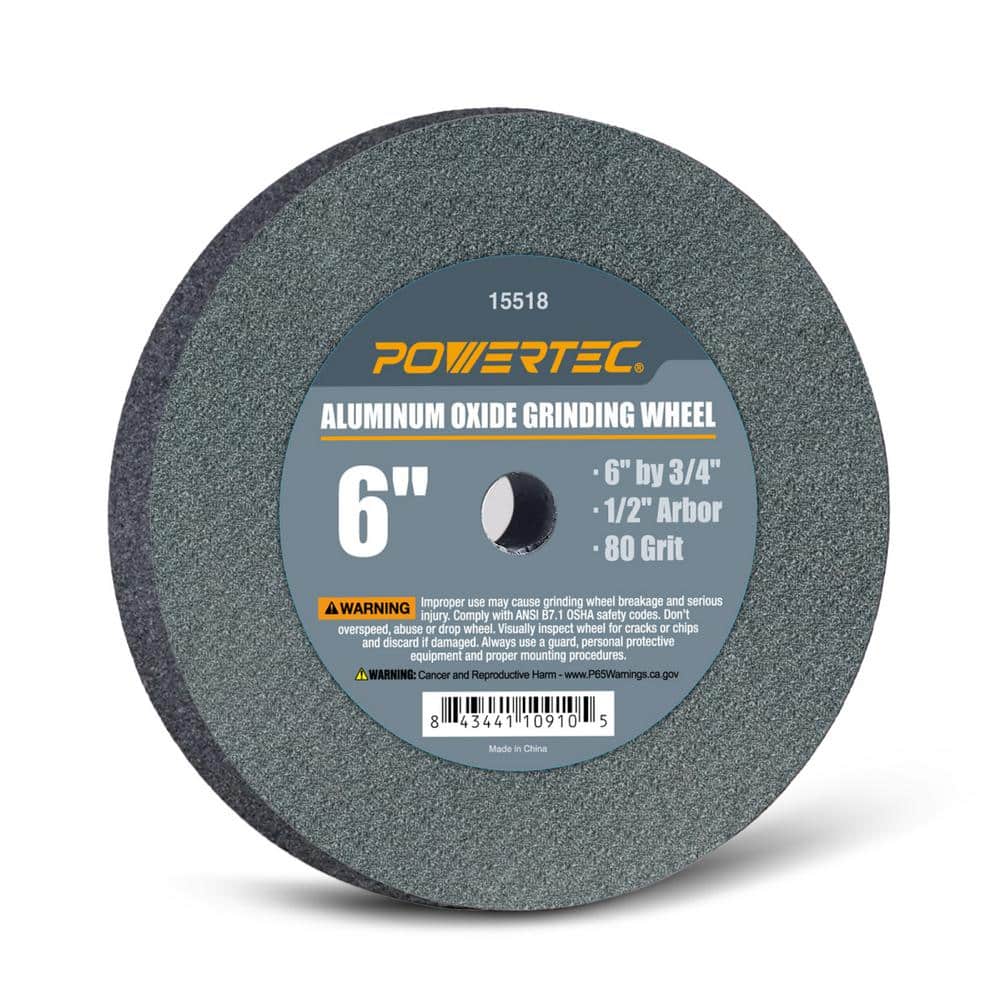 ‎POWERTEC 6 in. x 3/4 in. 80-Grit 1/2 in. Arbor Aluminum Oxide Grinding Wheel for Bench Grinder (1)