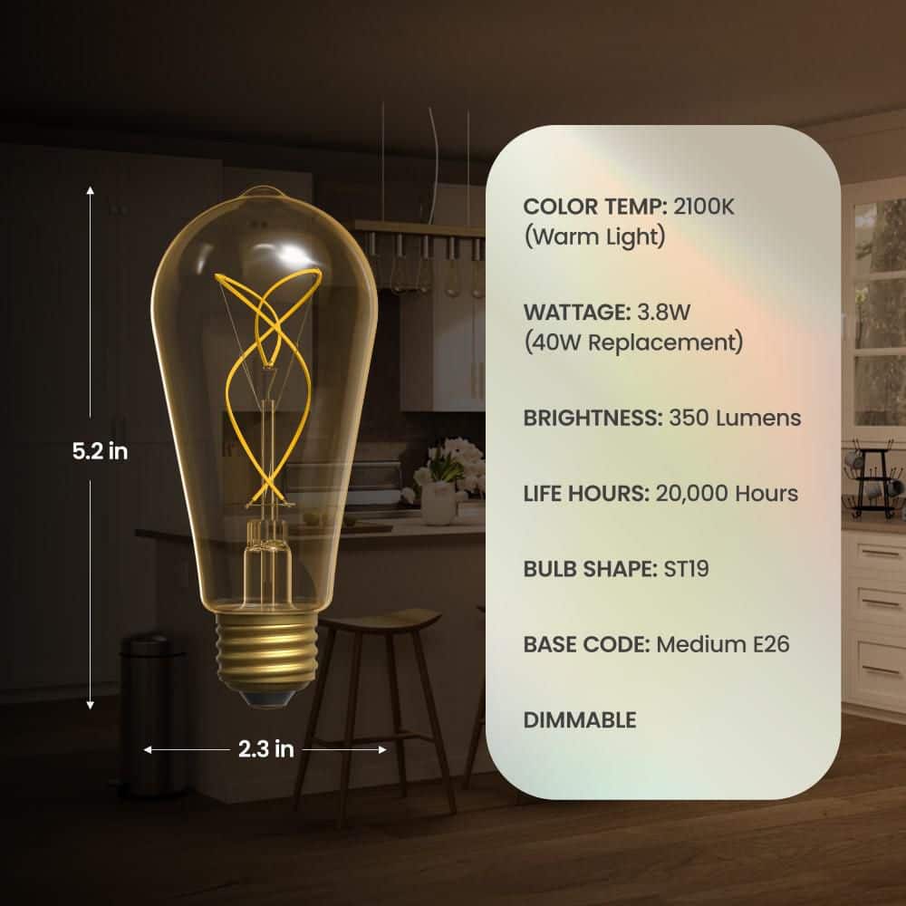 Feit Electric 40W Equiv. ST19 Dim. Knot Thin Filament Amber Glass E26 Vintage Edison LED Straight Tapered Light Bulb Warm White 2-Pack (4)