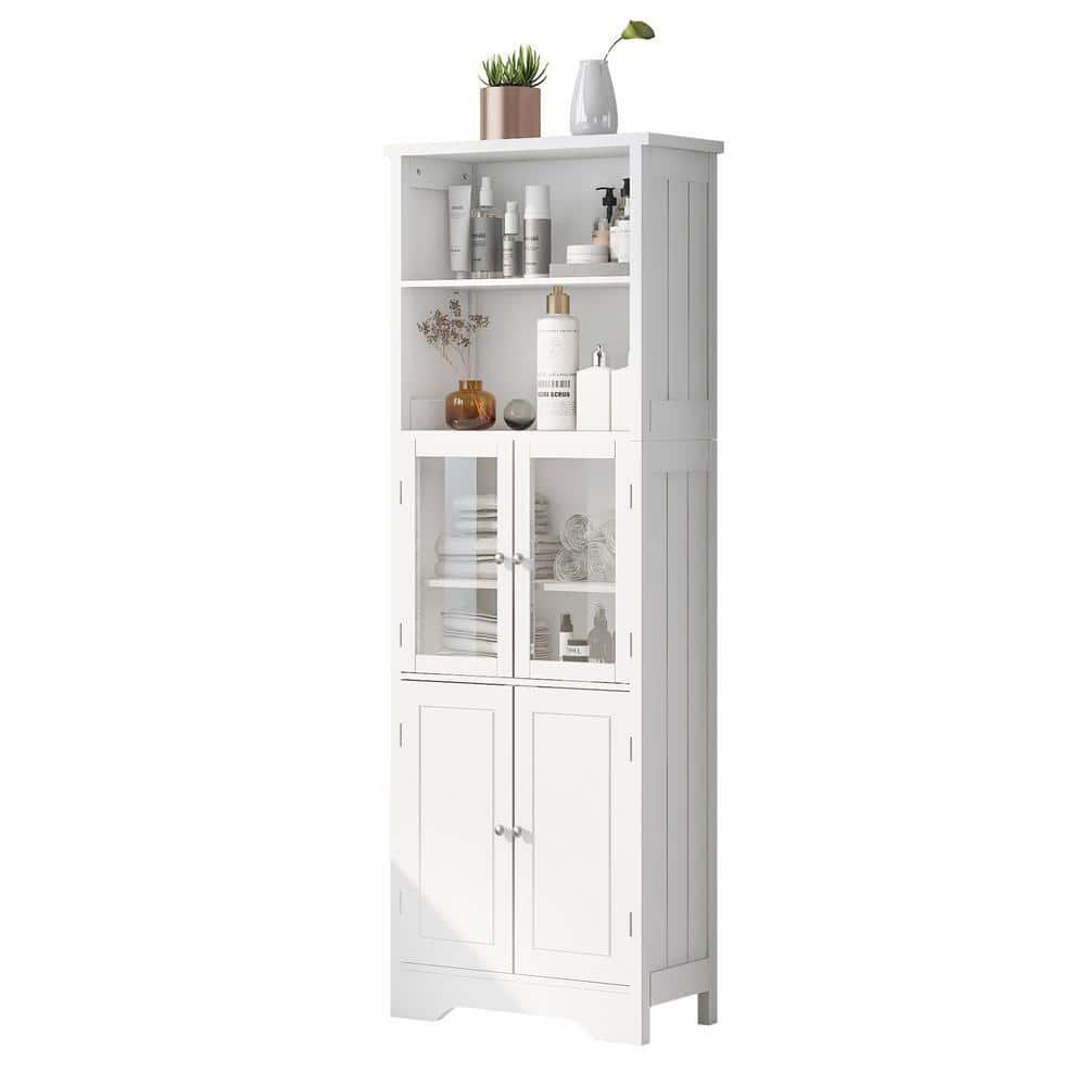 Unbranded 22.6 in. W x 11.2 in. D x 64 in. H White Freestanding Bathroom Linen Cabinet with Adjustable Shelves and Glass Doors