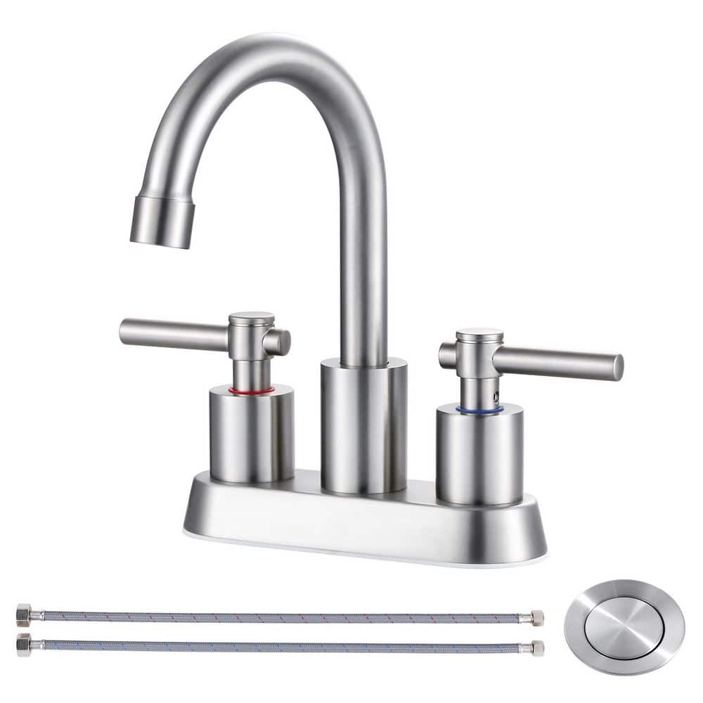 WOWOW Modern 4 in. Centerset Double Handle High Arc Bathroom Sink Faucet with Pop-up Drain and Supply Lines in Brushed Nickel (1)