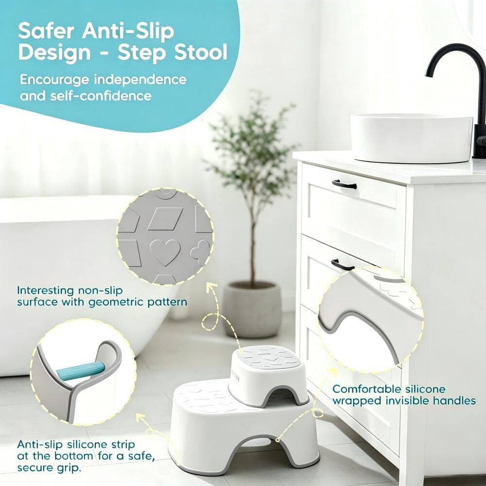 Numhew Potty Training Seat Set, 13 in. W, 2-in-1 Stool, Soft PU Cushion, Splash Guard, Polyurethane Shower Chair in Gray (3)