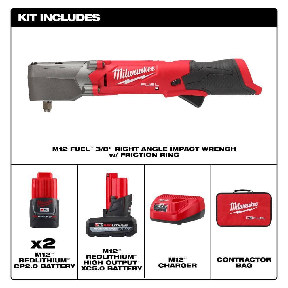 Milwaukee M12 FUEL 12V Lithium-Ion Brushless Cordless 3/8 in. Right Angle Impact Wrench Kit with Batteries (2)