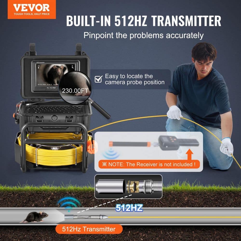 VEVOR Sewer Camera 230 ft./70m Self-Leveling Drain Camera with 9 in. Screen, 512 Hz Transmitter Sewer Camera (2)