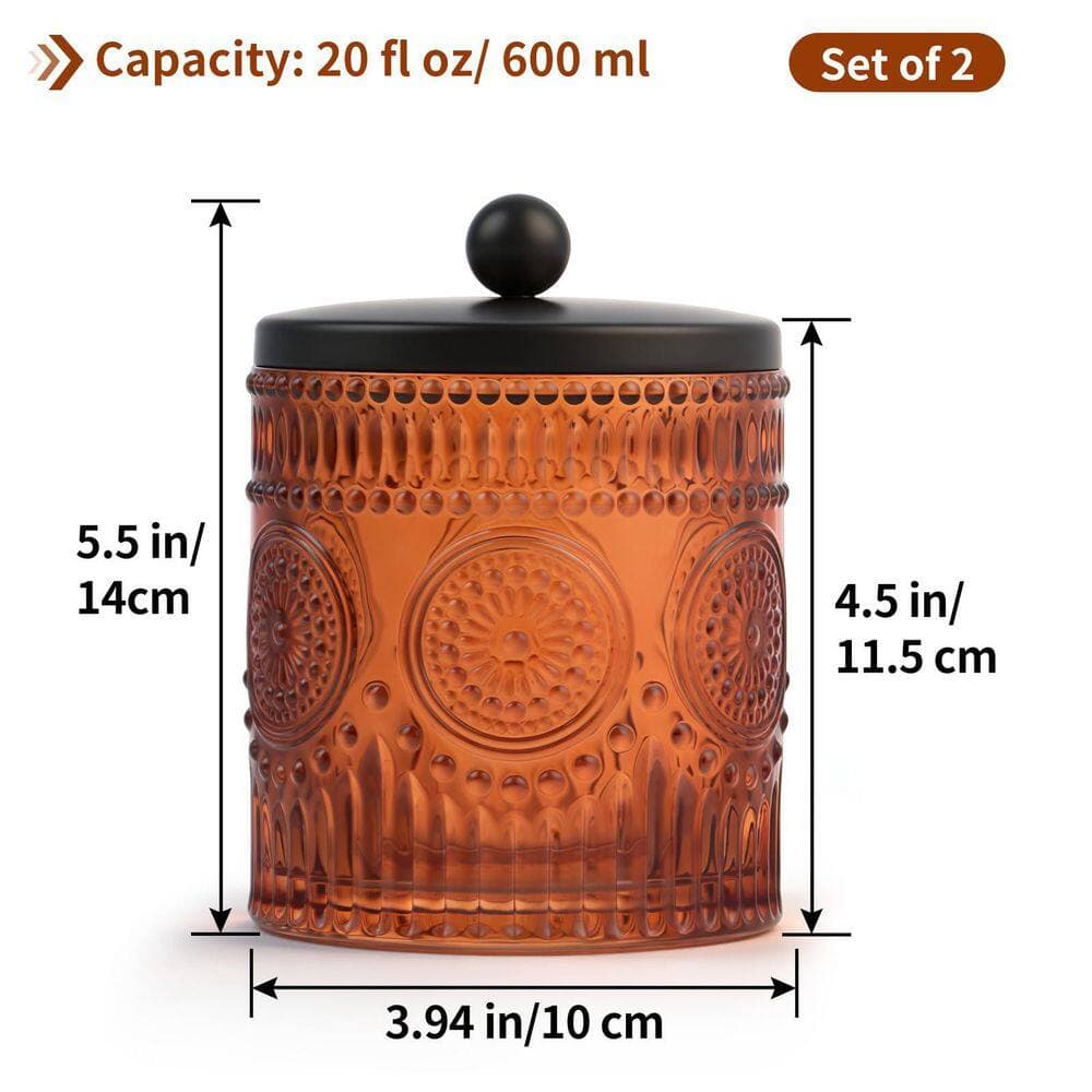 KHKFY Set of 2 Amber Glass Bathroom Storage Canisters with Matte Black Metal Lids Vintage Sunflower Embossed (3)