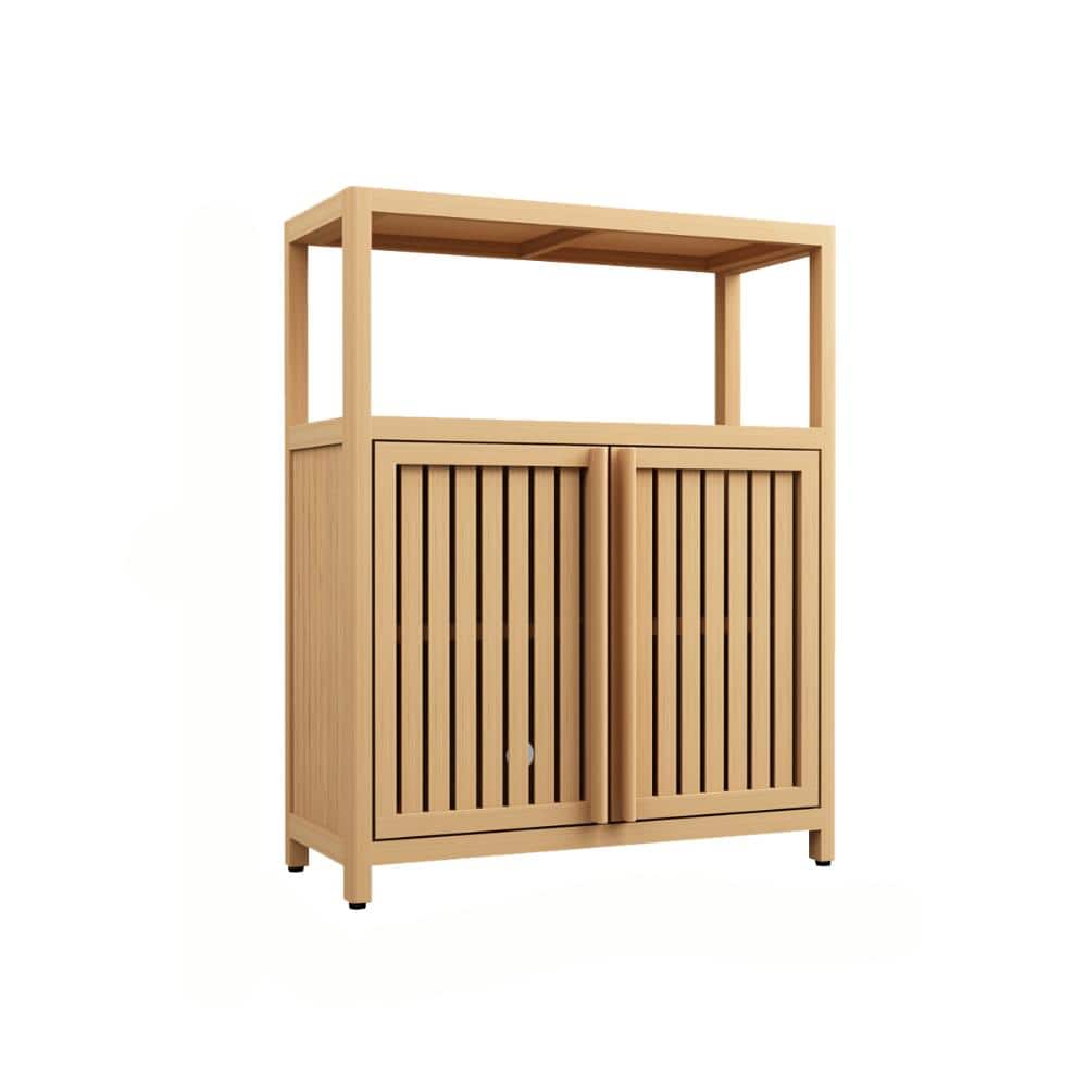 Tileon 25 in. W x 32 in. H Natural Bamboo Bathroom Linen Cabinet, Storage Cabinet with 2 Louvered Doors and Open Rack (1)