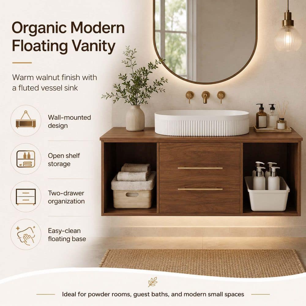 Bezeit 39.4 in. Single Sink Wall Mounted Walnut Bath Vanity with White Fluted Ceramic Vessel Sink (Self Assembly Needed) (2)