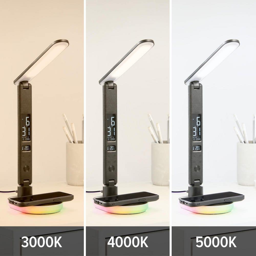 Hampton Bay Morden 13.5 in. Black Modern Integrated LED Folding Table Lamp for Bedrooms with Wireless Phone Charger and USB-A Port (4)