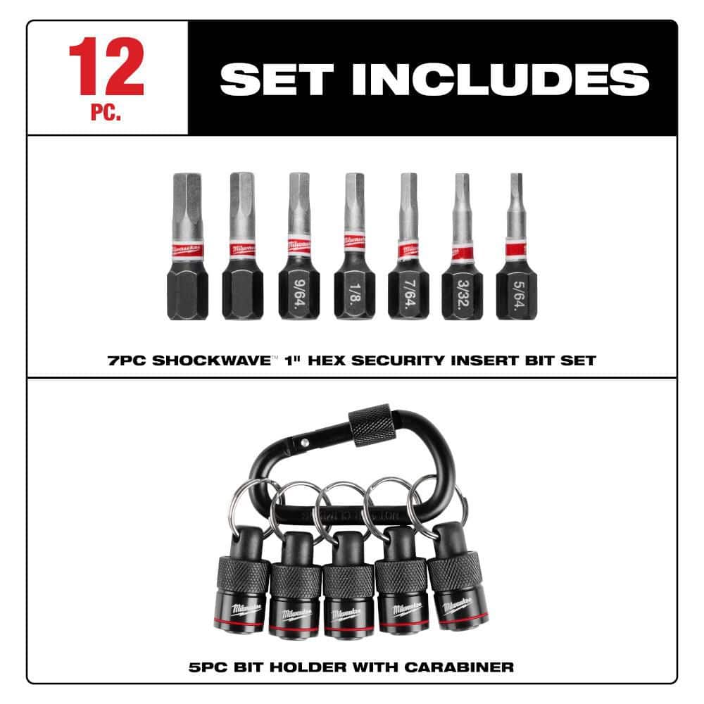 Milwaukee SHOCKWAVE Impact Duty Alloy Steel Security Hex Screw Driver Bit Set (7-Piece) & Hex Bit Holder w/ Carabiner (3)