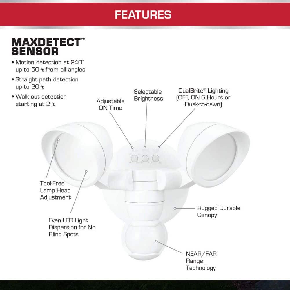 Defiant MaxDetect 240° White Motion Sensing Wired Outdoor 2-Head LED Security Flood Light 1400 Lumens DualBrite 2-Level Lighting (3)