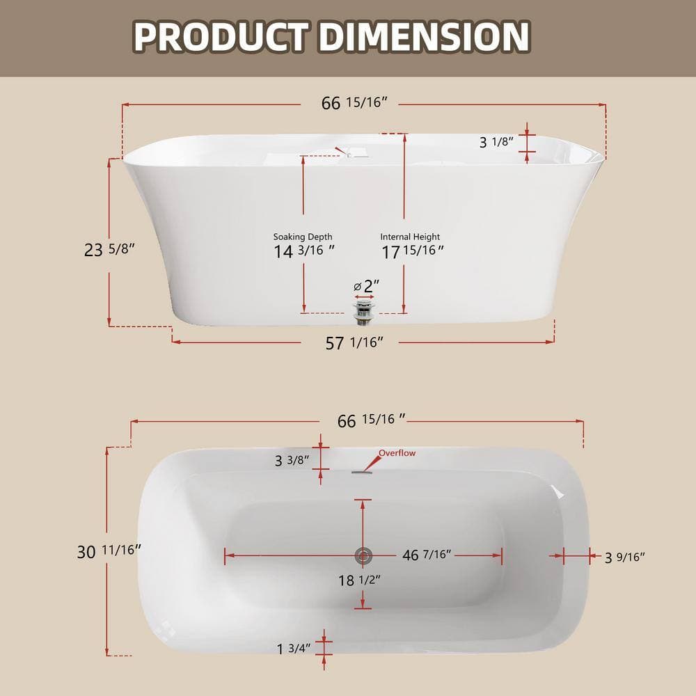 Getpro 67 in. x 31in. Acrylic Freestanding Soaking Bathtub Rectangular Free Stand Alone Tub Flat Bottom with Center Drain White (2)