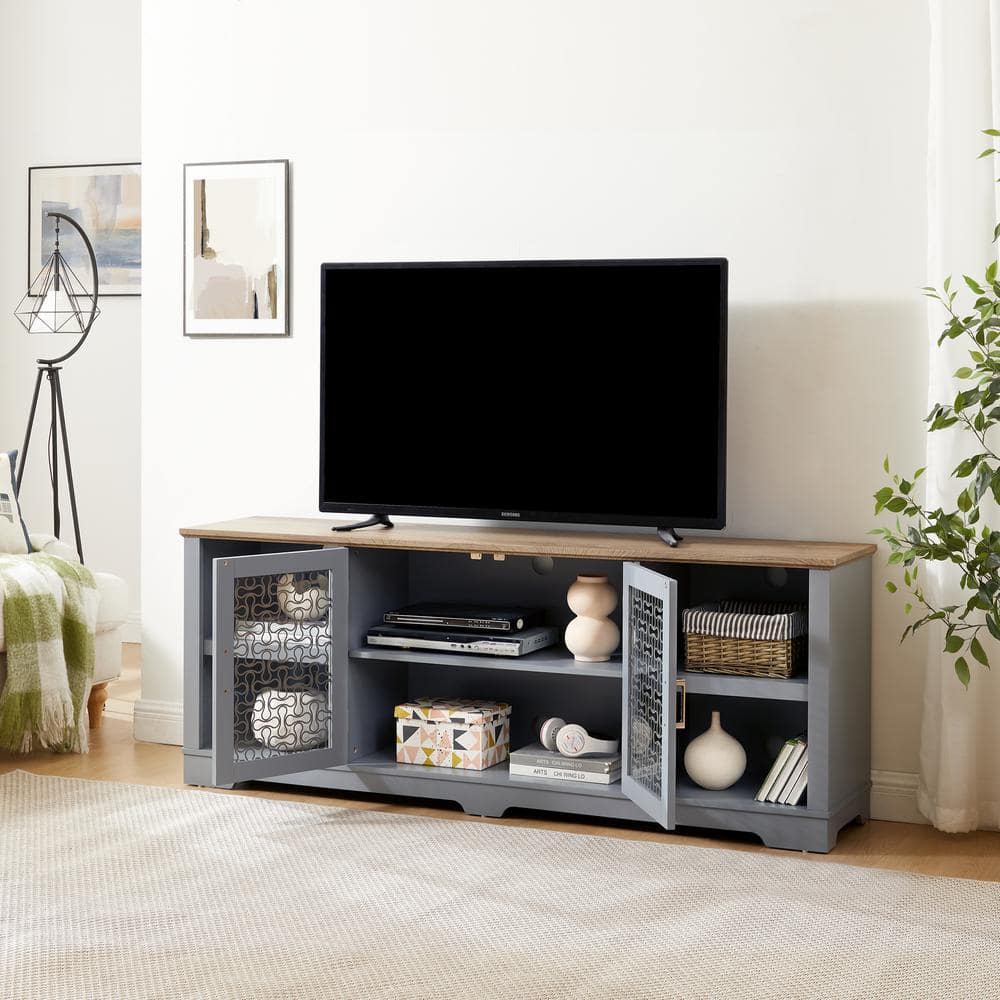 Unbranded 70 in. W x 15.55 in. D x 26.85 in. H Blue Linen Cabinet with Open Shelves and Glass Door, TV Stand for TV up to 80 in. (3)