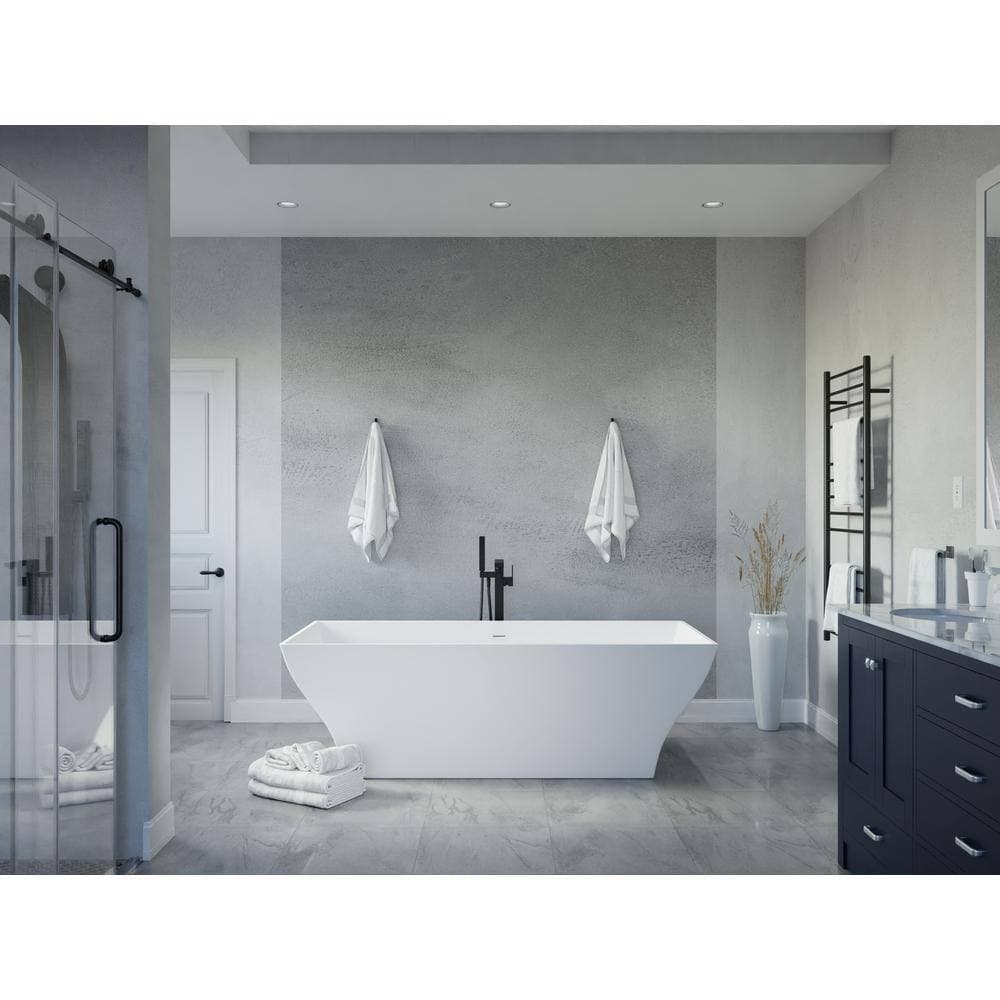ANZZI Crema Series 71 in. x 32 in. Flat Bottom Solid Surface Freestanding Soaking Bathtub with Center Drain in Matte White (2)