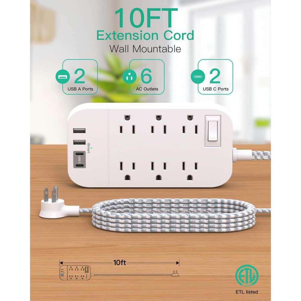 Unbranded 10 ft. Extension Cord 6 Outlet 2 USB-A Ports 2 USB-C Ports Surge Protector with Overload Protection Wall Mountable (2)