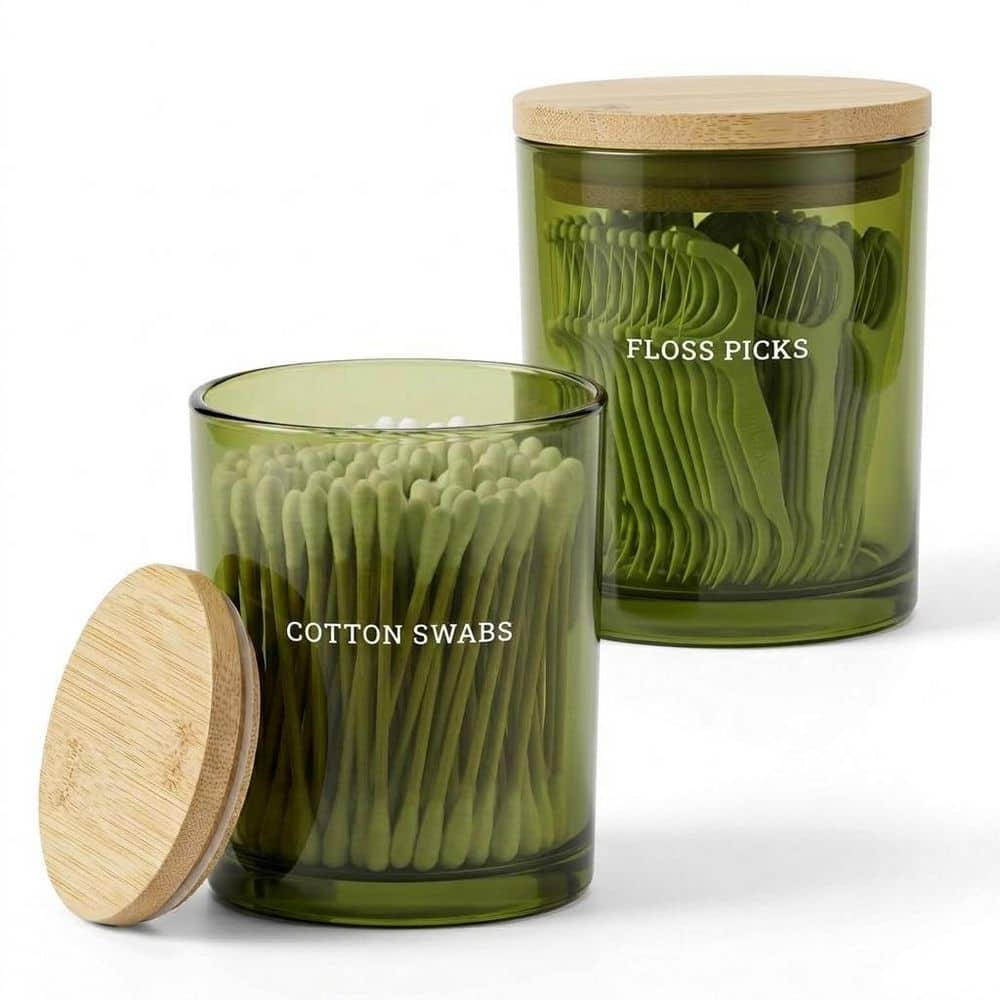 KHKFY 2-Pack Olive Green Glass Qtip Holder Dispenser Set with Airtight Bamboo Lid for Cotton Swabs and Pads