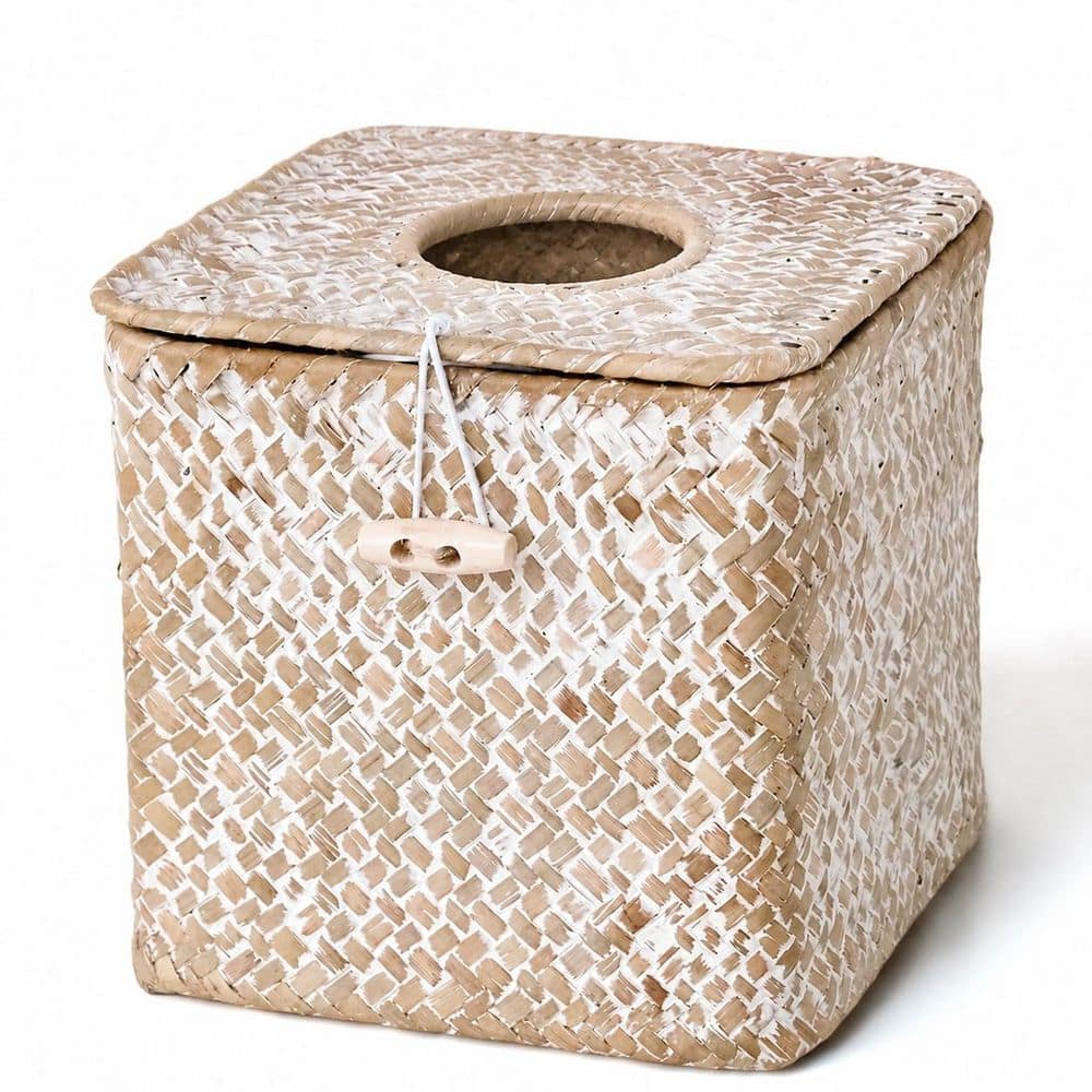 KHKFY Square Seagrass Tissue Box Cover with Lid in Whitewash for Bathroom and Office, Fits Standard Cube Boxes