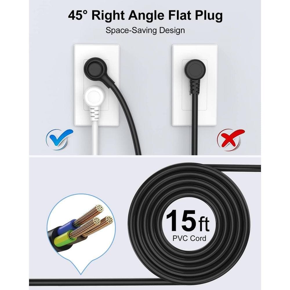 Unbranded 15 ft. Flat Plug Surge Protector Power Strip, Long Extension Cord with 6 Widely AC Outlets, 4-USB Ports for Home, Black (3)