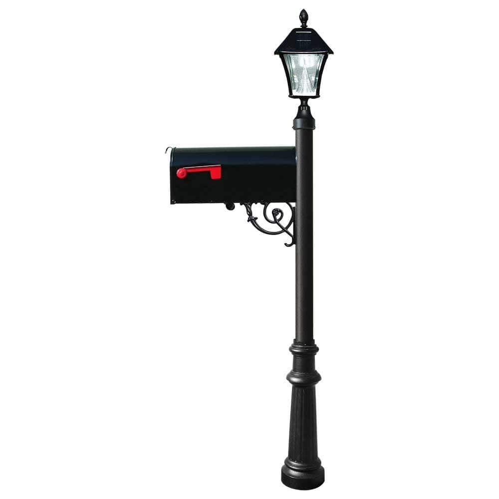 QualArc Lewiston Mailbox Collection Post with Economy #1 Mailbox, Fluted Base and Solar Lamp in Black