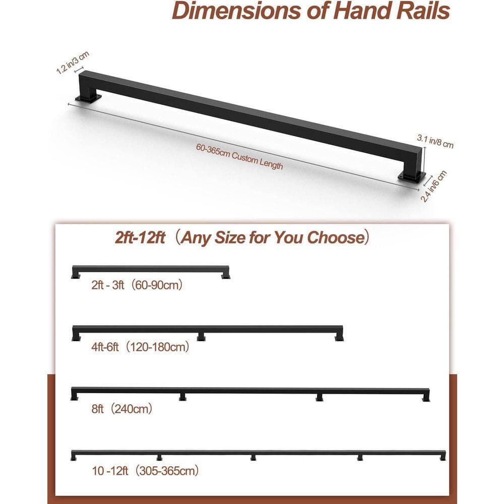 Unbranded 2 ft. Matte Black Iron Handrail Square Tube Industrial Style Wall Mount Stair Rail Indoor Outdoor Non-Slip (2)