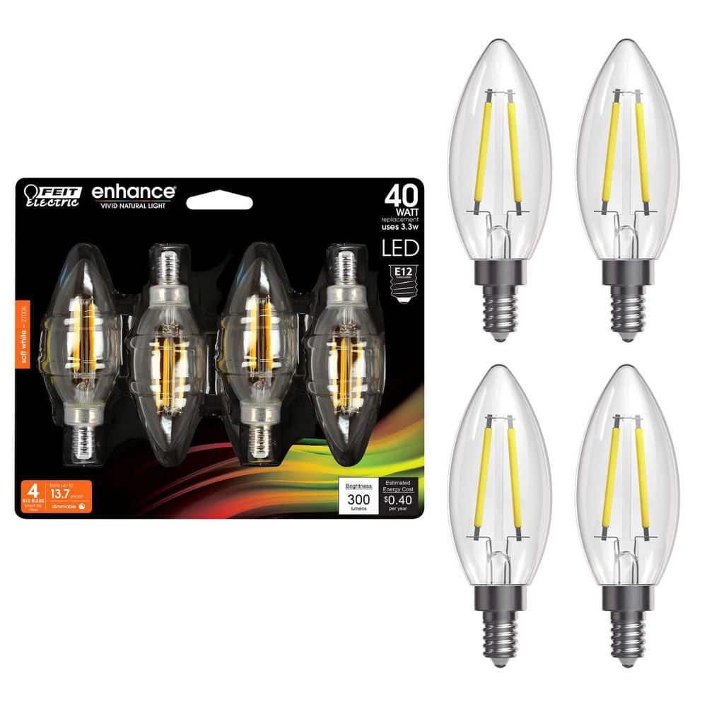 Feit Electric 40-Watt Equivalent B10 E12 Candelabra Dimmable Filament CEC Clear Glass Chandelier LED Light Bulb Soft White (4-Pack) (2)
