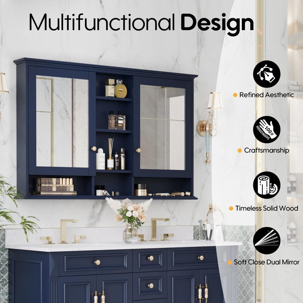 ANGELES HOME 55 in. W 35 in. H Solid Wood Bathroom Medicine Cabinet with Mirror, 2-Soft-Closed Doors, Shelf, Blue (4)
