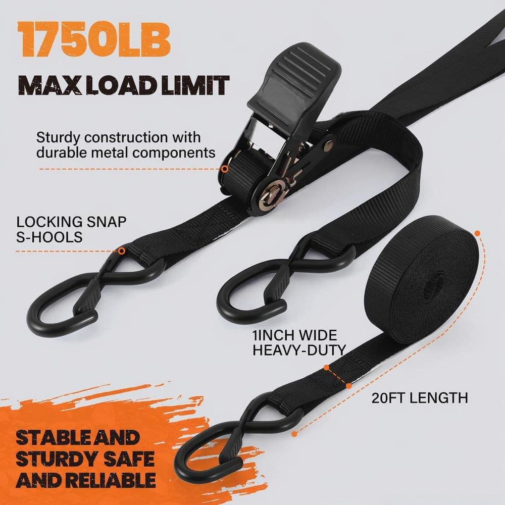 LAIFUCAM 1 in. x 20 ft. Heavy Duty Ratchet Straps 4-Pack, Tie Down Straps 1750lb Break Strength for Trailers Equipment, Black (2)
